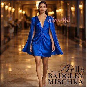 NWT $266 Belle Badgley Mischka Nora Colbalt Blue Plunging Cape Sleeve Dress
